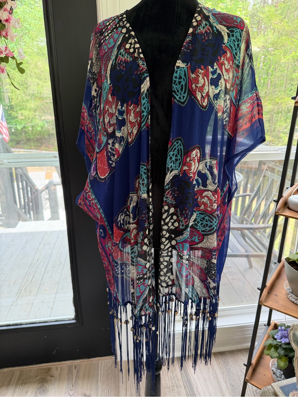 Pia Rossini Resortwear Bohemian Floral Fringe w/shells Kimono OSFM